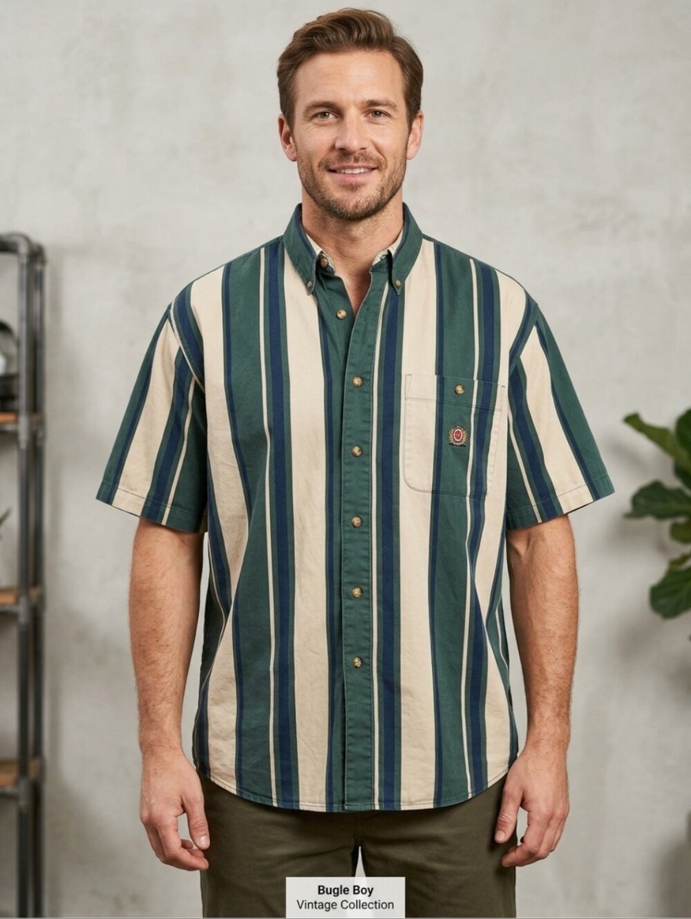 Vintage Bugle Boy Green, Beige and Blue Vertical Stripe Button-Up Shirt